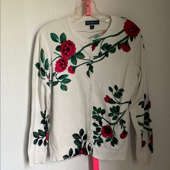 Karen Scott Women's White Cardigan with Red Floral Design - Picture 1 of 5
